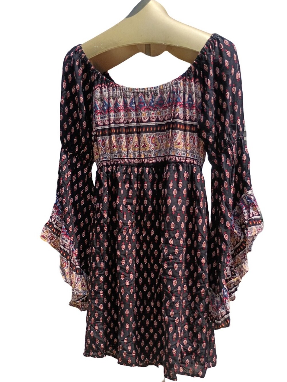 Entro Boho Floral Patchwork Bell Sleeve Mini Dress | Size M